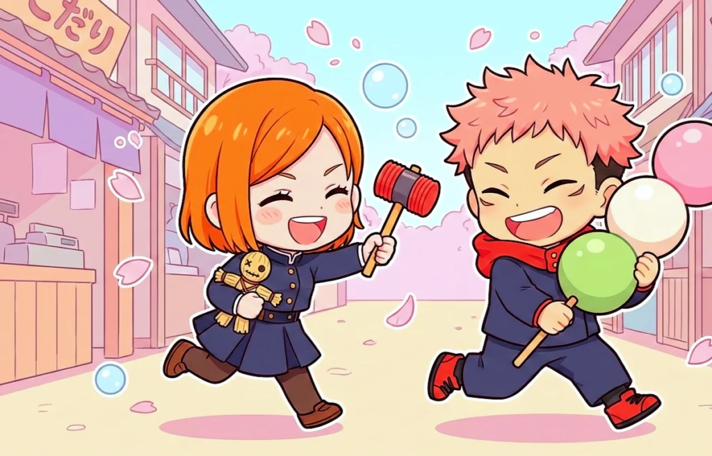 Nobara Kugisaki chibi siendo feliz con su amigo Itadori