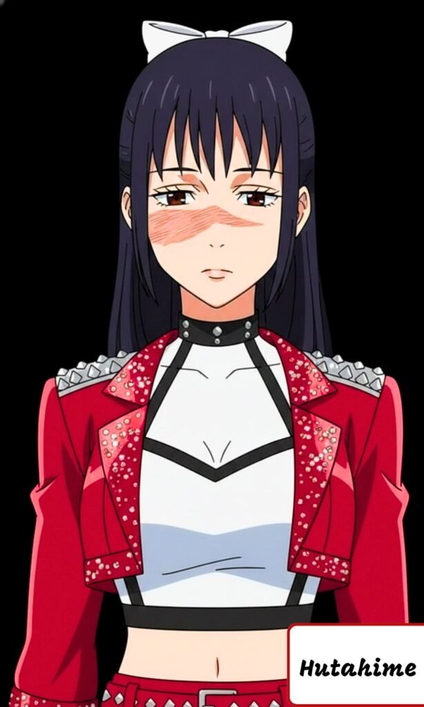 Hutahime de Jujutsu Kaisen con su vestuario como una idol, de color rojo con blanco y accessorios que le dan más estilo, primer plano de su parte superior.