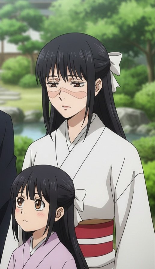 Utahime con dos niños, una niña y un niño, parecidos a ella y a Satoru Gojo en divertido fanart