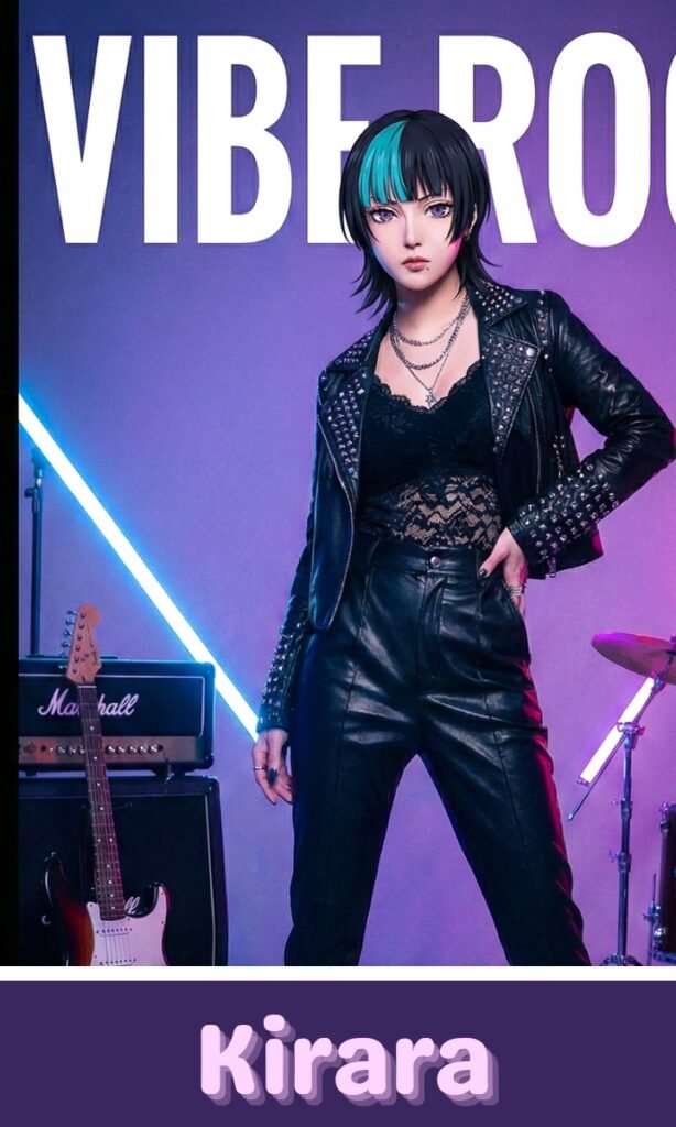 Kirara en su versión realista con una vestimenta elegante estilo rock - pop