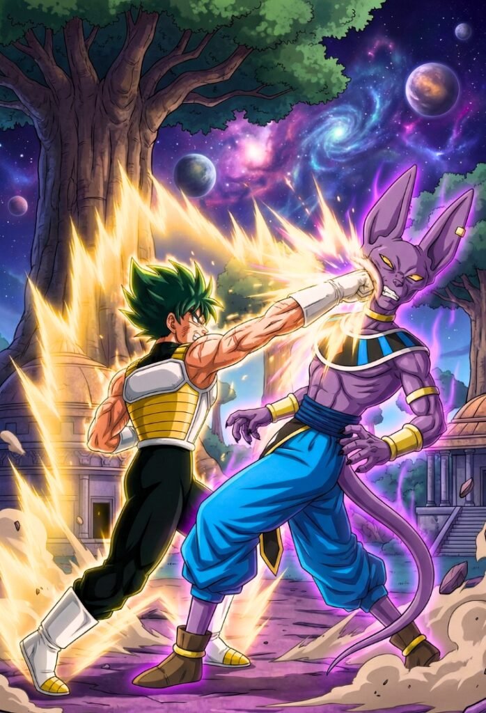 Maki zenin como una Saiyan luchando con Bills y acertandole un golpe en el rostro