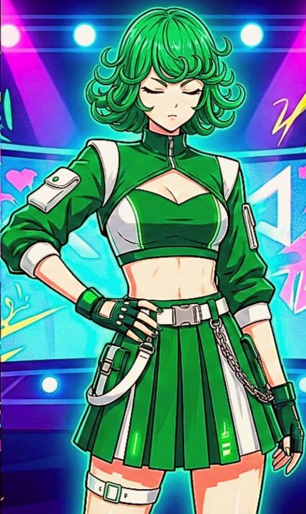 Fanart de Tatsumaki en un escenario con atuendo de una estrella K-pop