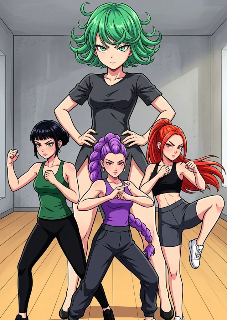 Tatsumaki entrenando una coreografía con las guerreras K-pop