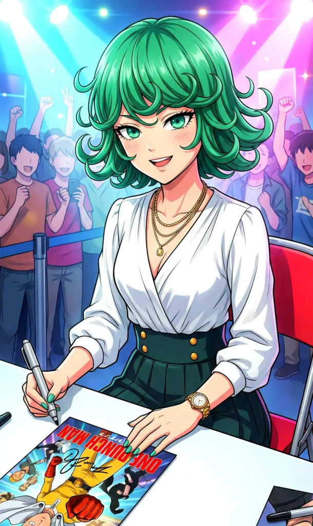 Tatsumaki firmando autógrafos de sus fans como una estrella del K-pop reconocida también por ser una heroína