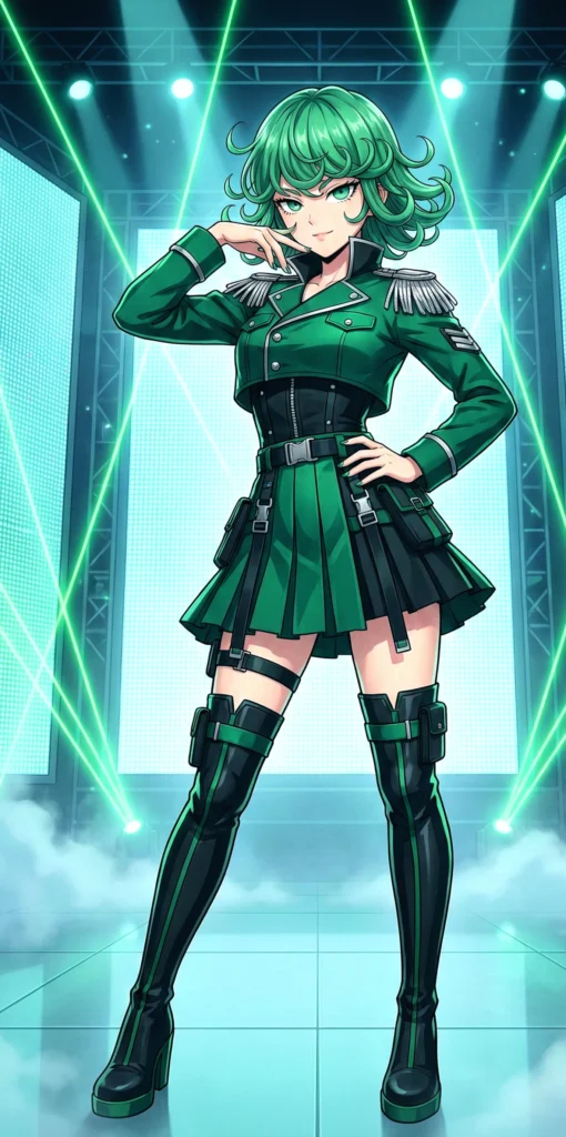 Tatsumaki como estrella K-pop con vestimenta de color verde con negro, al estilo capitina
