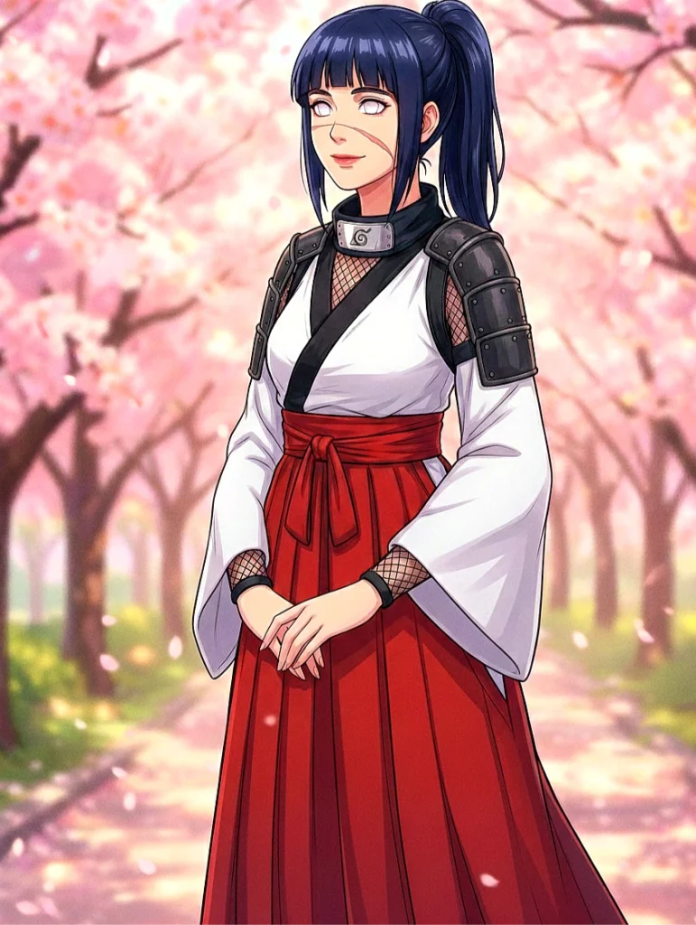 Lleva la chaqueta táctica lila y crema con malla ninja de Hinata en la parte superior, combinada con la hakama roja (falda tradicional) de Utahime en la parte inferior.