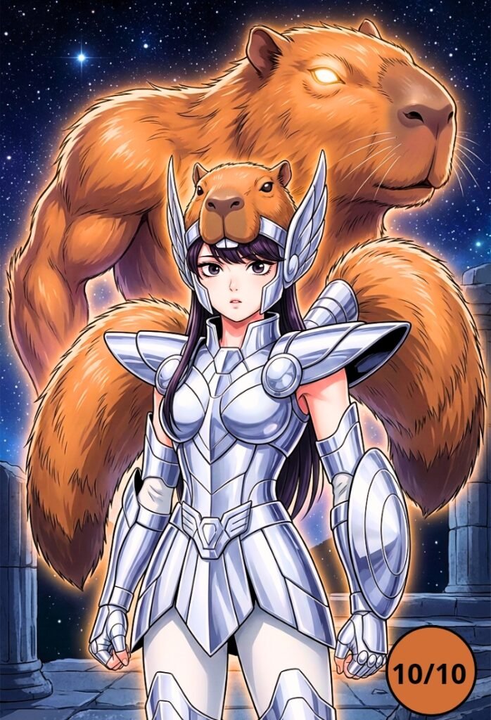 Shouko Komi con una armadura con forma de capibara de los caballeros del zodiaco