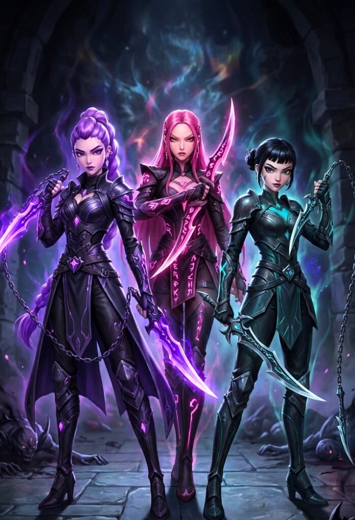 Las guerreras K-pop si fueran cazadoras en el anime de solo leveling, con armaduras legendarias listas para la batalla