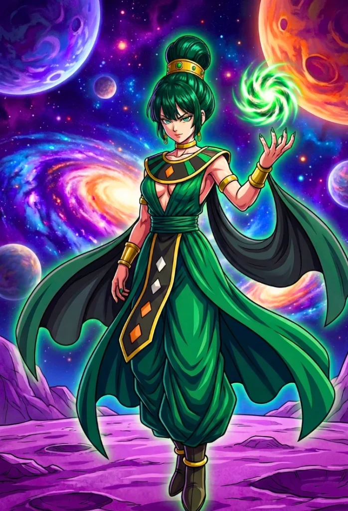 Fubuki en el universo de Akira Toriyama(dragon ball), con una túnica larga y elegante de color verde esmeralda con detalles en negro.