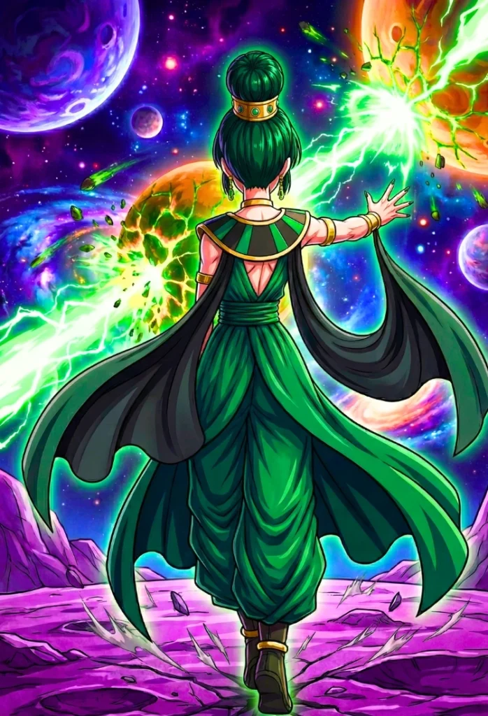 Fanart de Fubuki en el universo de dragón Ball con atuendo verde y dorado, apunto de destruir un planeta