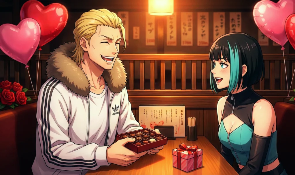 Fanart de Hakari y Kirara en una cita el día de San Valentín con regalos cada uno para regalarle al otro