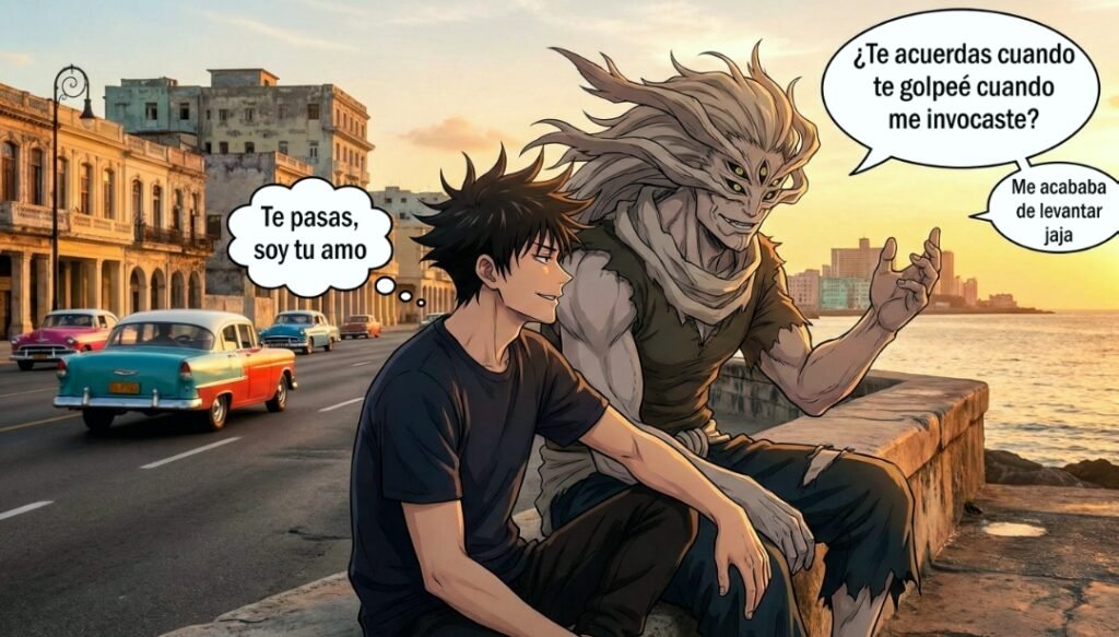 Megumi Fushiguro y Mahoraga disfrutando de cuba juntos