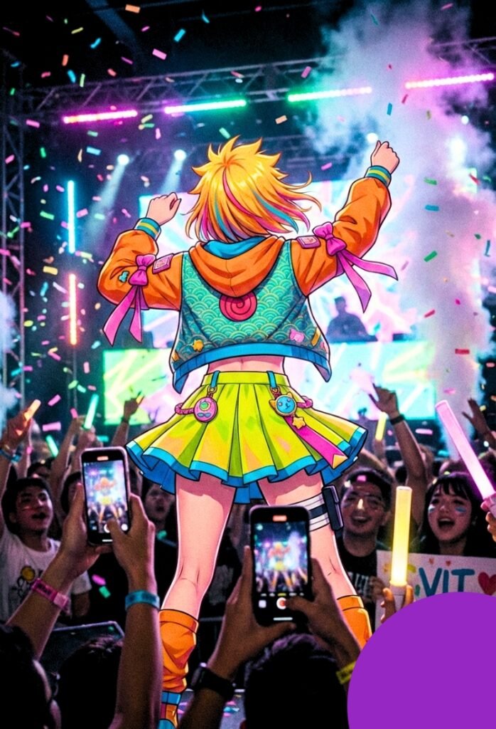 Fanart de Naruto como chica idol en un escenario dando un concierto