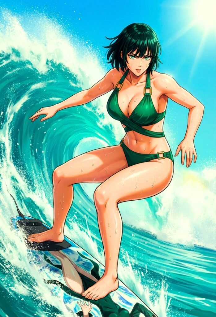 Fubuki disfrutando de la playa surfeando