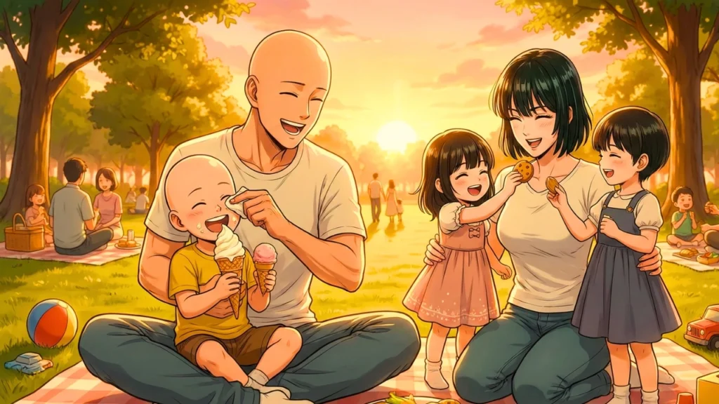 Fanart de Fubuki y Saitama disfrutando en familia en un parque