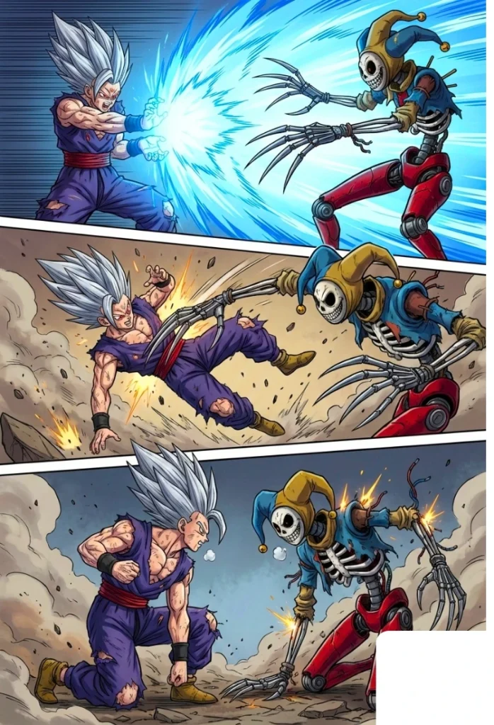 Fanart de Gohan en modo "bestia" luchando contra el prototipo de Poppy Playtime