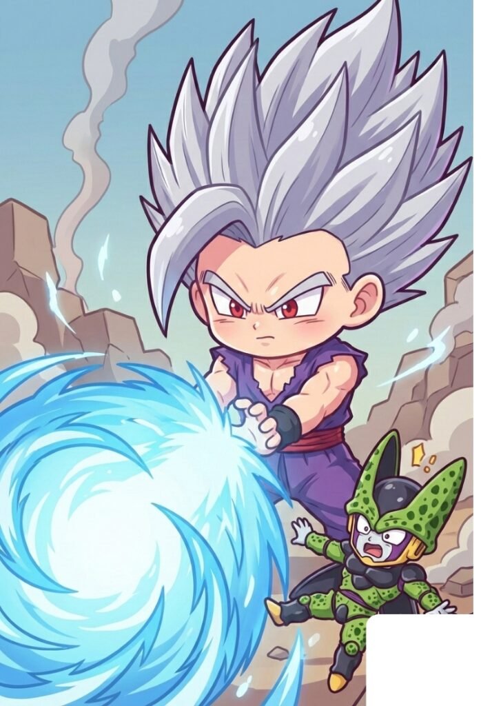 Gohan modo bestia al estilo chibi lanzando un Kamehameha