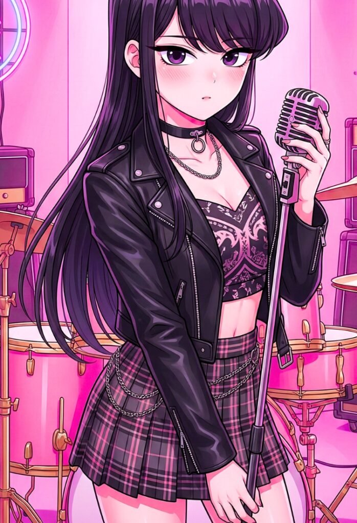 Komi-san Shouko con un conjunto rockero y a la vez pop, en un estudio profesional cantando