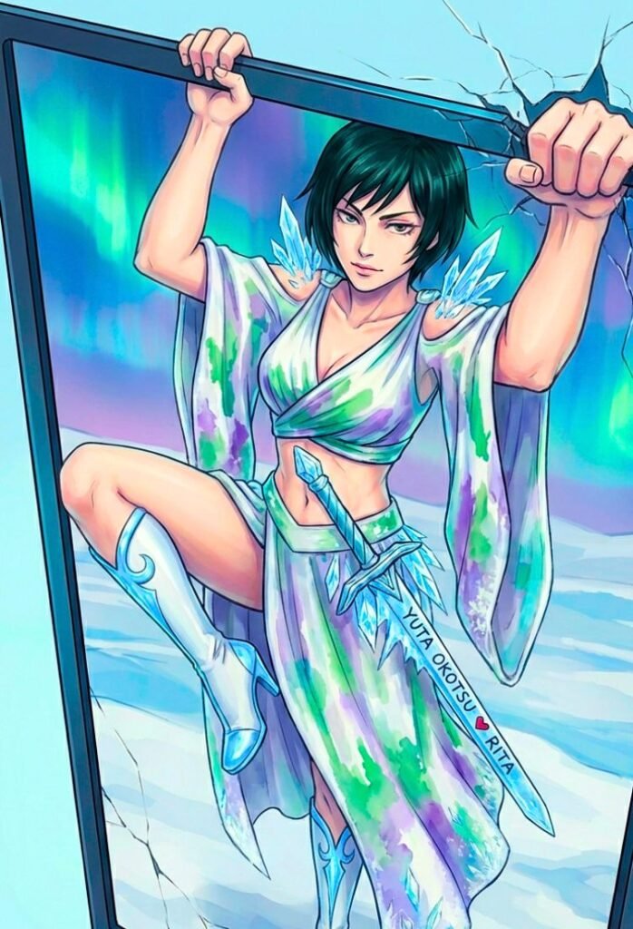 Maki Zenin como una reina de hielo con un vestido de alta costura elegante, como saliendose de una imagen.