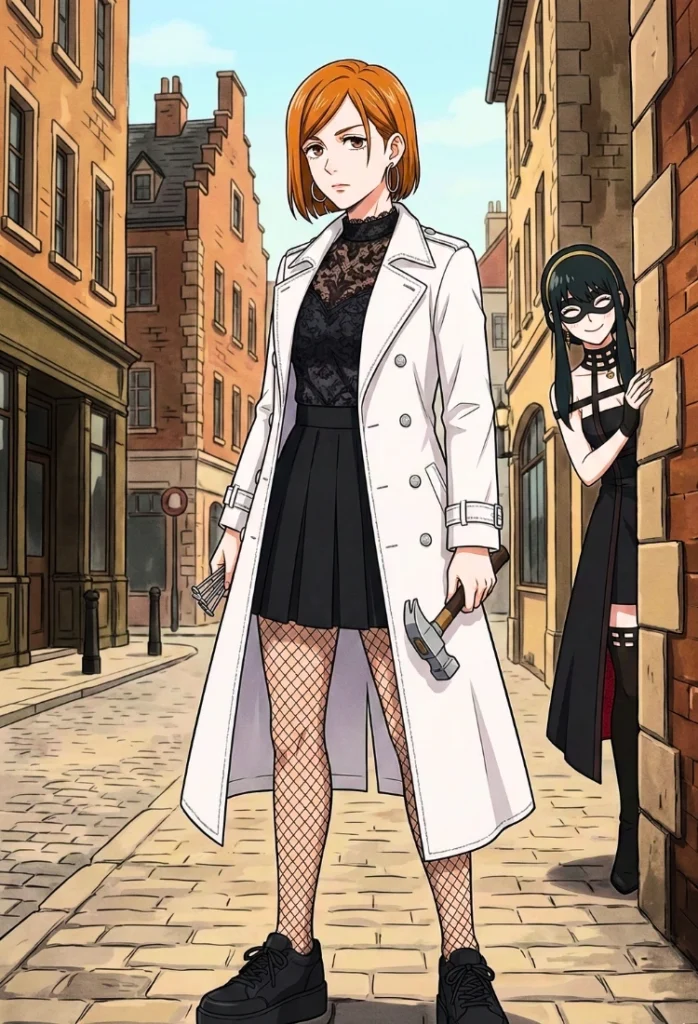 Nobara Kugisaki en su primer día como espia y aliada de Yor Forger, Yor Forger la mira tiernamente desde lejos para que todo vaya bien