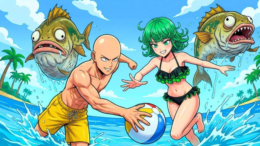 Saitama y Tatsumaki jugando con el balón de playa mientras lidian con los peces monstruos