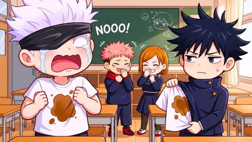 Fanart de Satoru Gojo chibi viendo como mancharon su camiseta costosa de cafe