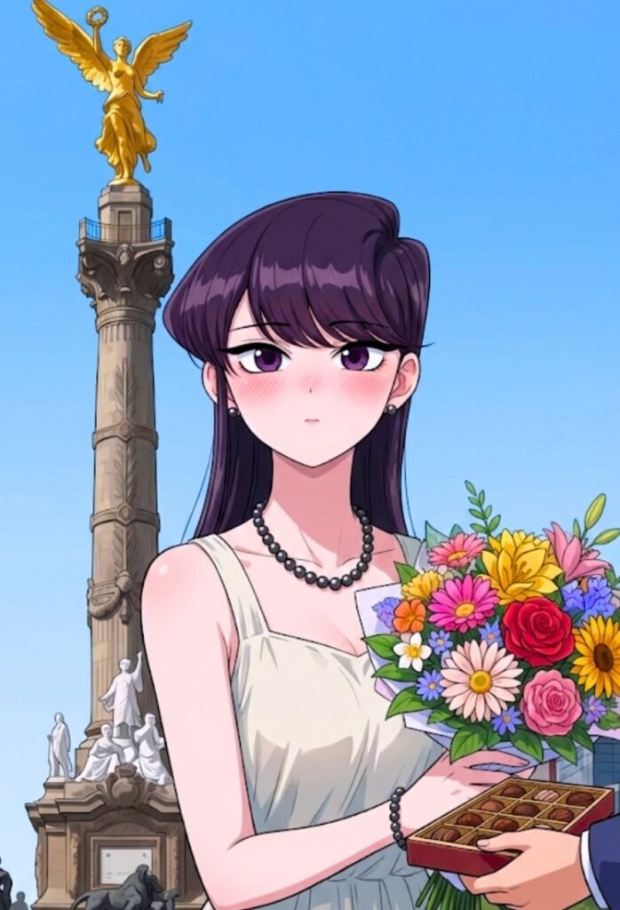 Shouko Komi celebrando el 14 de febrero en la ciudad de México al lado la estatua del ángel de oro en la ciudad de México