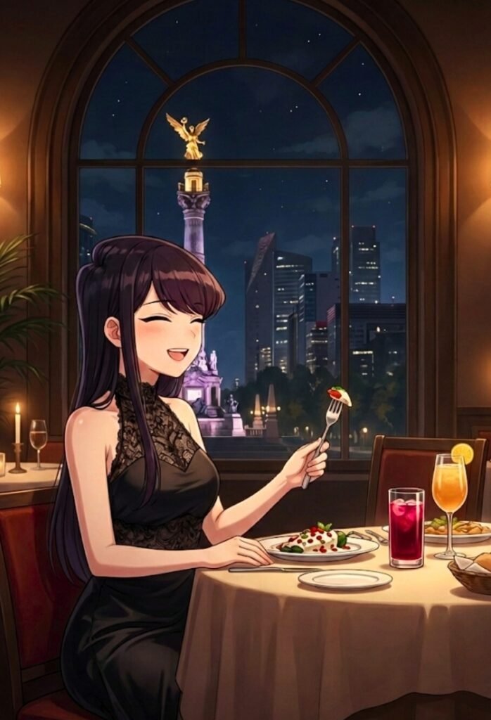Shouko Komi celebrando el 14 de febrero en un restaurante mexicano elegante