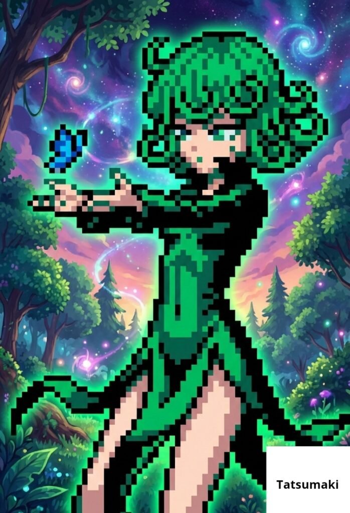Tatsumaki al estilo pixel art, ideal para fondo de pantalla