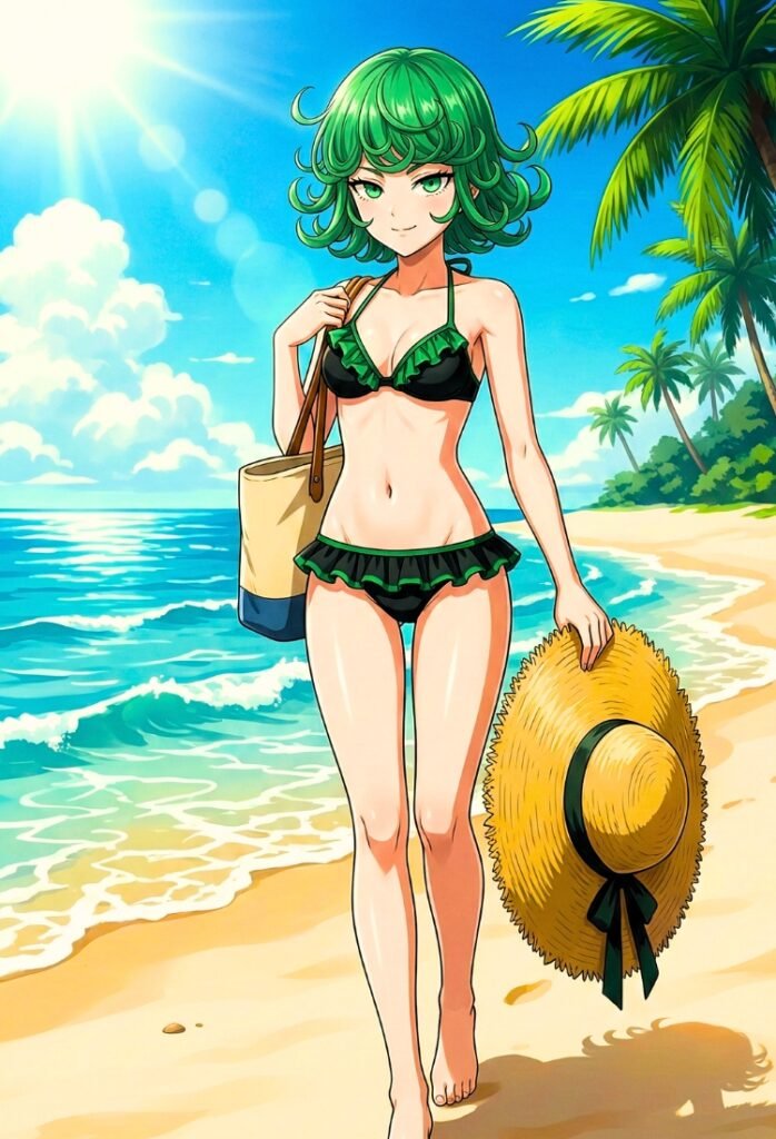 Tatsumaki llegando a la playa con un traje de baño con volantes
