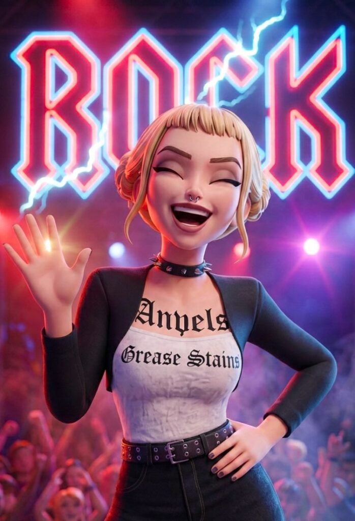 Zoey de las guerreras K-pop al estilo rockera, saludando