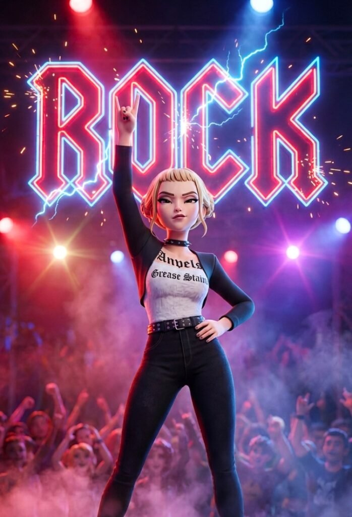 Zoey de las guerreras K-pop como una estrella del rock dando un concierto