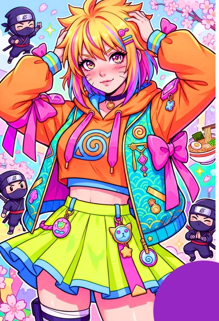 Naruto como chica muy Kawai, con colores brillantes y muy llamativos