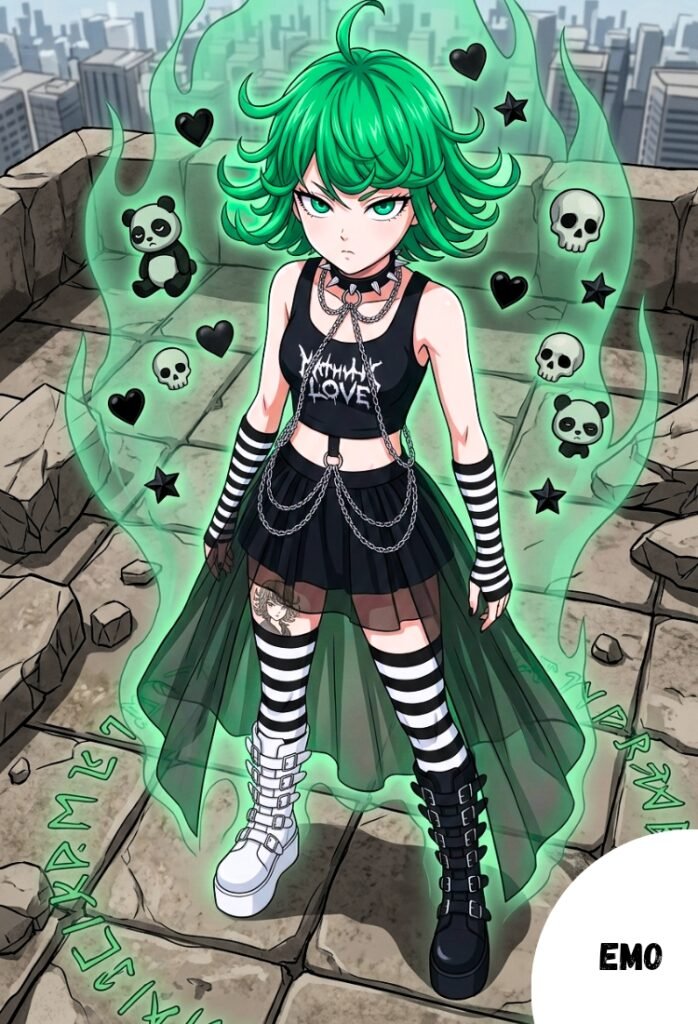 Tatsumaki con un estilo dark emo radical
