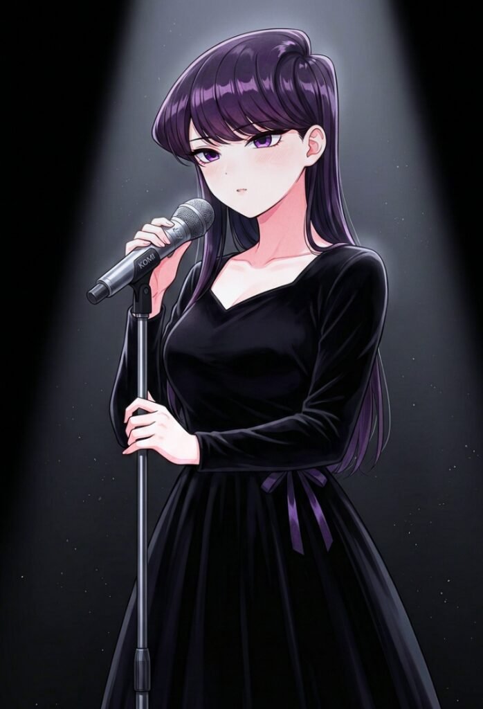 Komi-san Shouko cantando en un escenario con un vestido de color negro muy elegante, todo el escenario está oscuro y ella es el centro de atención con una luz que la ilumina
