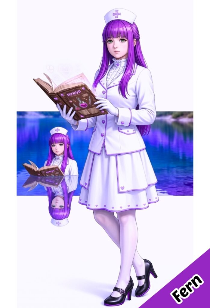 Fanart de Fern como una enfermera magica, así es como se ve con un atuendo de enfermera, con tacones grandes y conjunto de enfermera blanco con toques morados.