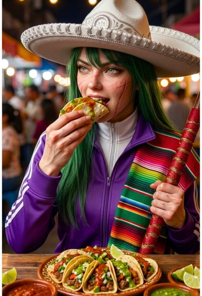 Maki Zenin versión hiperrealista, comiendo tacos en el mercado en algún lugar de México. - Fanart