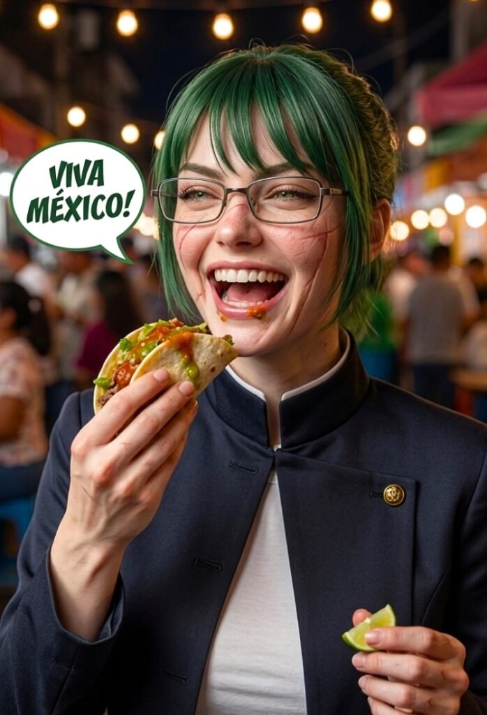 Maki Zenin en su versión realista, feliz de comer tacos en México - Fanart